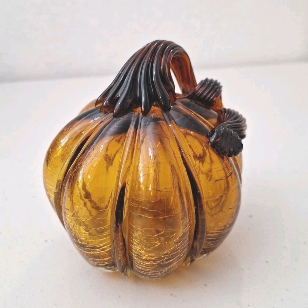 Glass Art CRAKLE PUMPKIN Hand Blown Amber Orange  4" x 3"  Halloween Fall